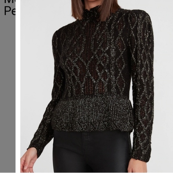 Nwt Express Black Metallic Cable Knit Mock Neck Sweater - Picture 1 of 5